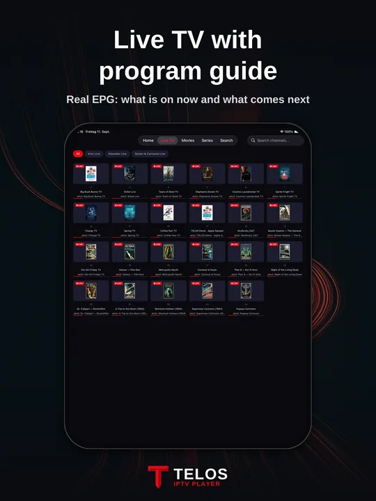 TELOS on iPad: live TV