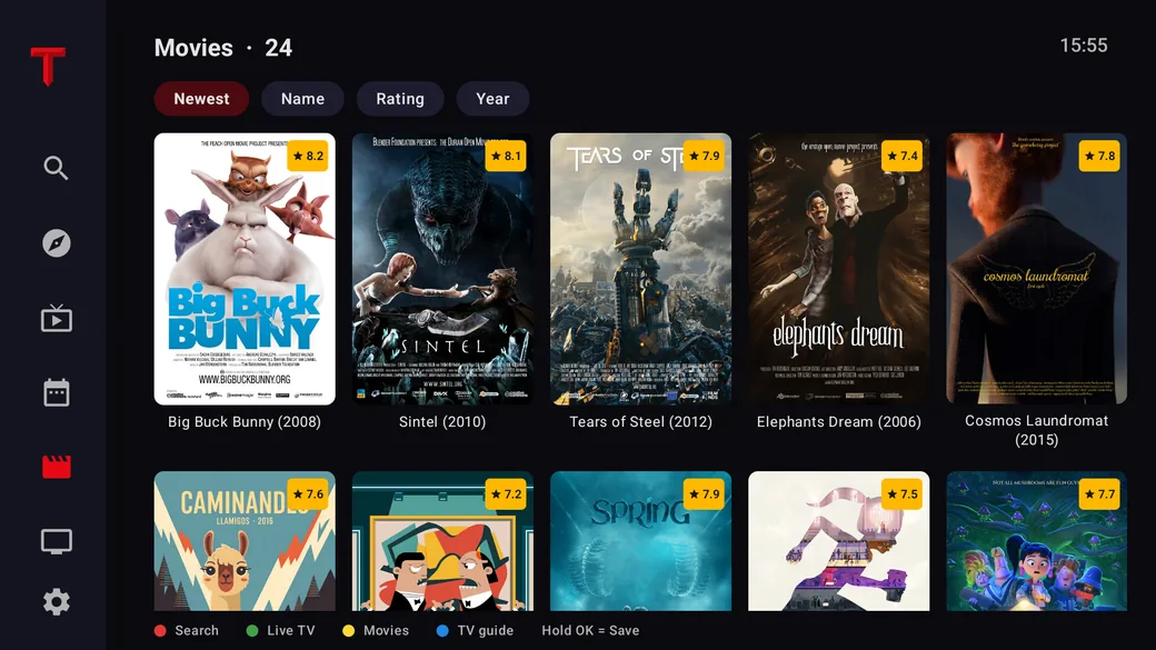 TELOS on Android TV: movie library with posters and ratings