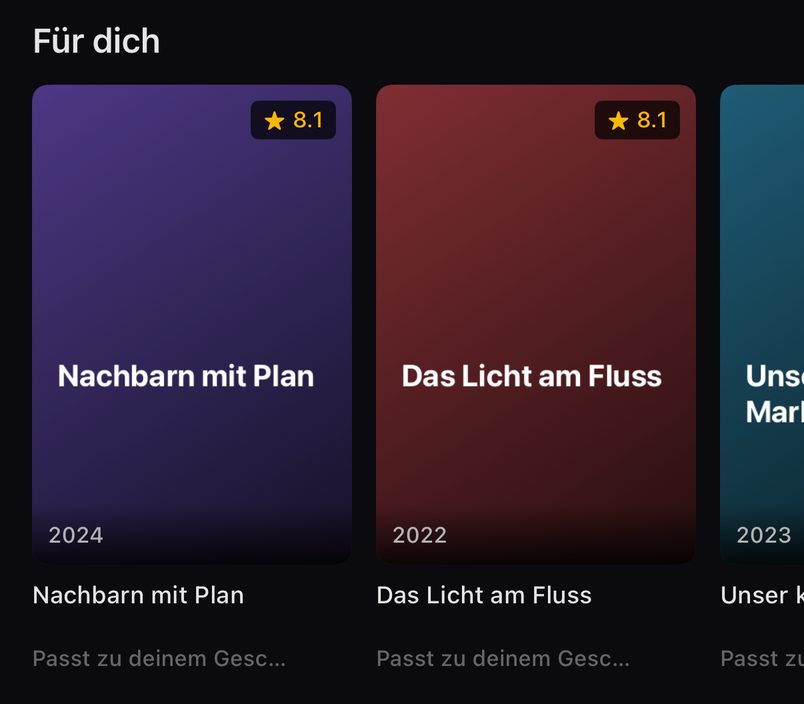 TELOS IPTV Player für iPhone: App-Ausschnitt der persönlichen Reihe „Für dich“ mit fiktiven Demo-Titeln.