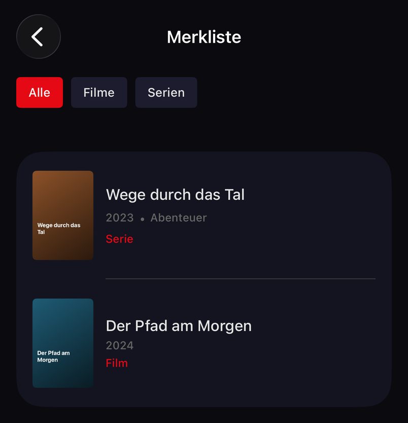TELOS-Merkliste für Filme und Serien: App-Ausschnitt der Universal-App für iPhone und iPad mit Demo-Titeln.