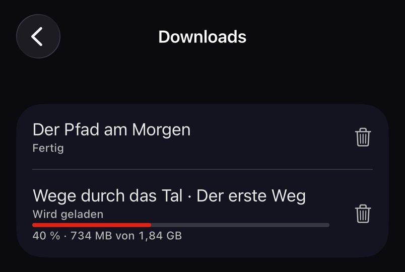 Filme offline auf dem iPhone: TELOS-Downloadliste mit abgeschlossenem Titel und laufendem Download.