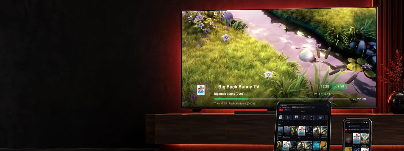 Gestaltete Geräteszene mit Tablet, Smartphone und einer Filmszene aus Big Buck Bunny.