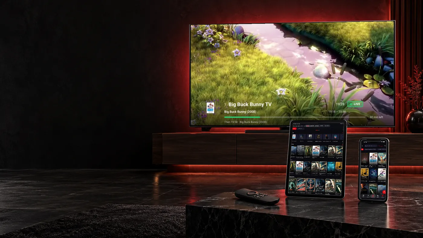IPTV Player für Fire TV: TELOS-Kampagnenmotiv mit Fernseher, Tablet, Smartphone und Fernbedienung.